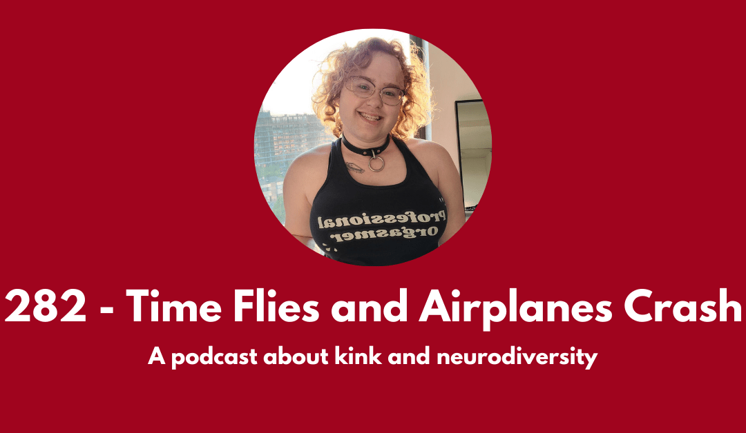 A podcast about kink and neurodiversity with Magic. Image is of Magic smiling, their tank top reading "Professional Orgasmer." They also wear a black collar with an O-ring.
