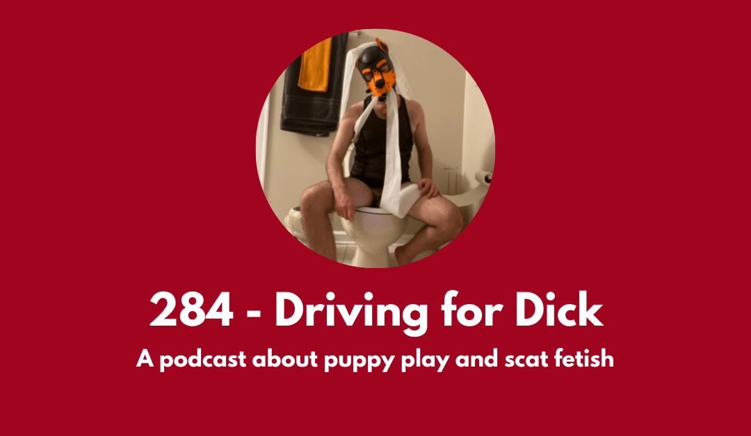 A podcast about puppy play with Pup Arrgos. Image is of Arrgos wearing his black and orange puppy hood, sitting on a toilet with toilet paper wrapped around his head. He makes an innocent face like a silly puppy who got into the toilet paper.