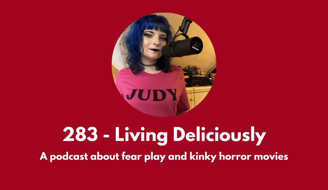 Podcast about fear play and horror movies. Image is of Gwen wearing a pink shirt that says "JUDY" across the chest, which is the same shirt that the character Judy wears in the movie Sleepaway Camp.