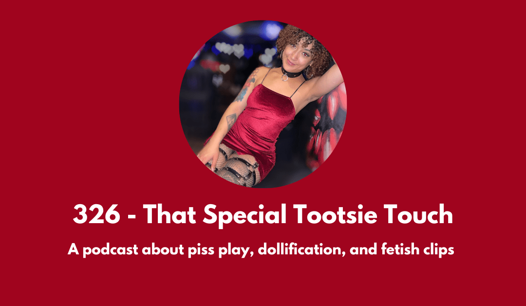 A new episode about piss play, dollification, and fetish clips with Molly Pocket. Image is of Molly wearing a red velvet dress, thigh garters, and posing with one arm above their head.